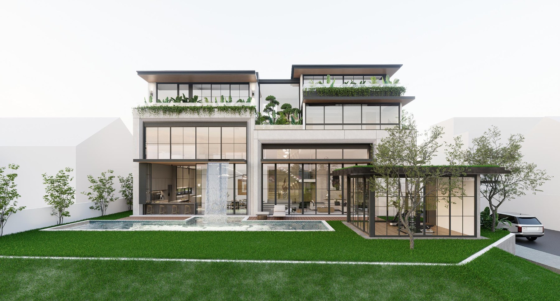 Siglap View — Front elevation with pool and water feature